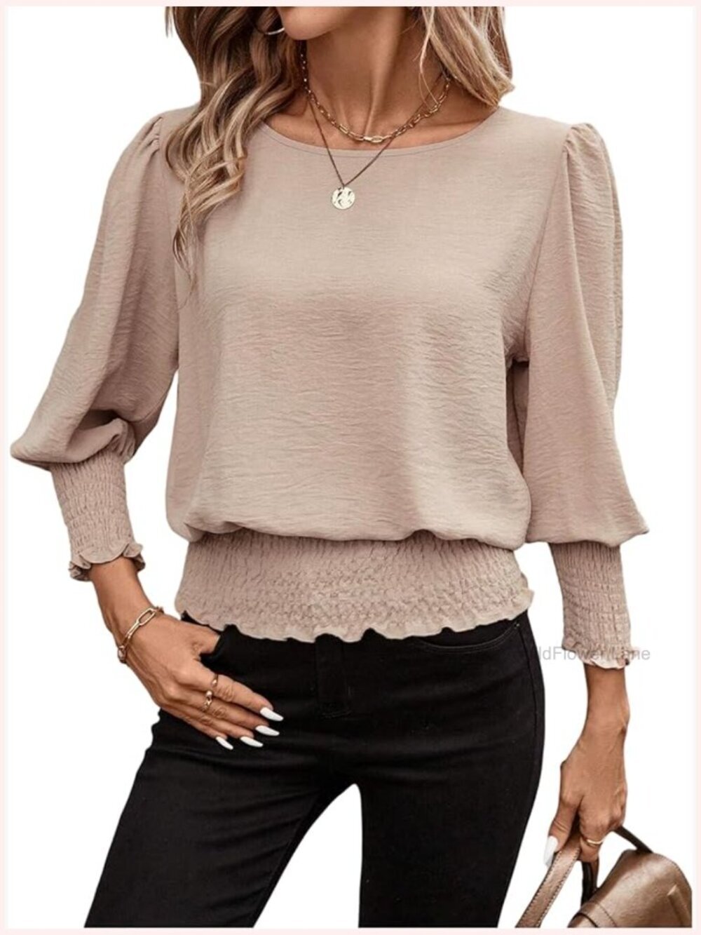 3/4 Sleeve Round Neck Blouses Elastic Waist Hem Smocked Shirts Casual Tops